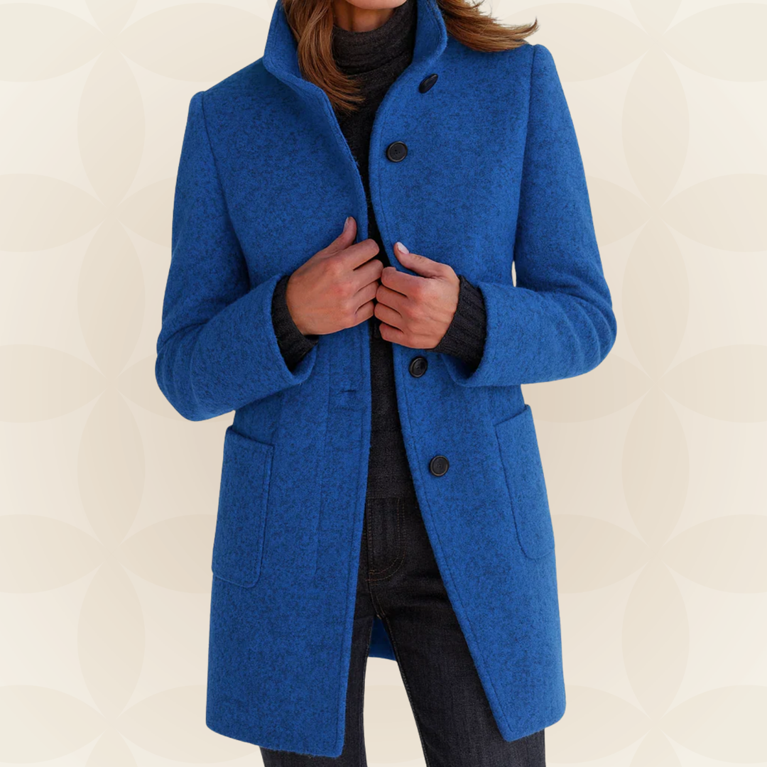 Woman wearing straight-cut winter coat with high collar