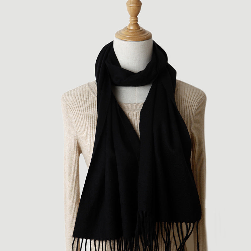 Women's solid color cashmere tassel scarf with long fringe