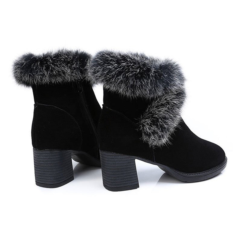 Black women's snow boots with mid heel and plush lining