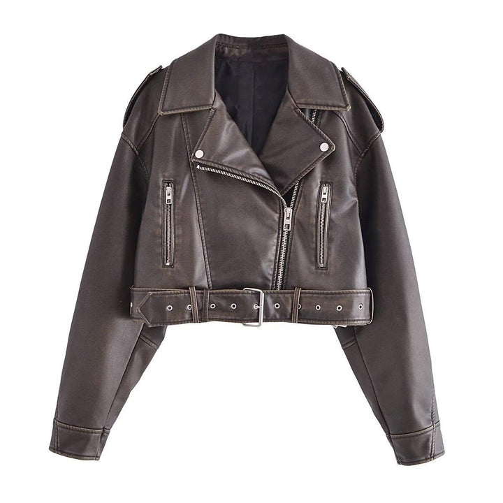 Women's washed leather moto jacket in solid color