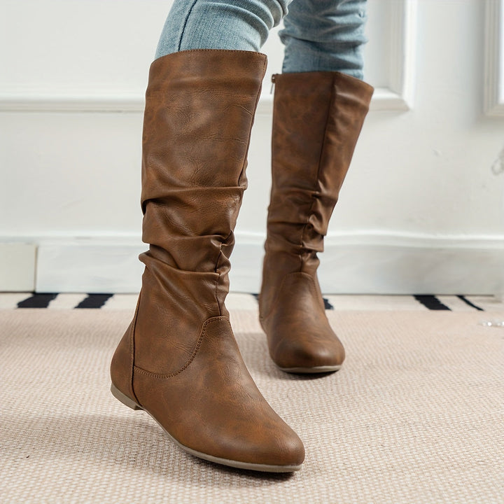 Emmelina | Women's Round-Toe Flat Knee-High Zip-Up Boots