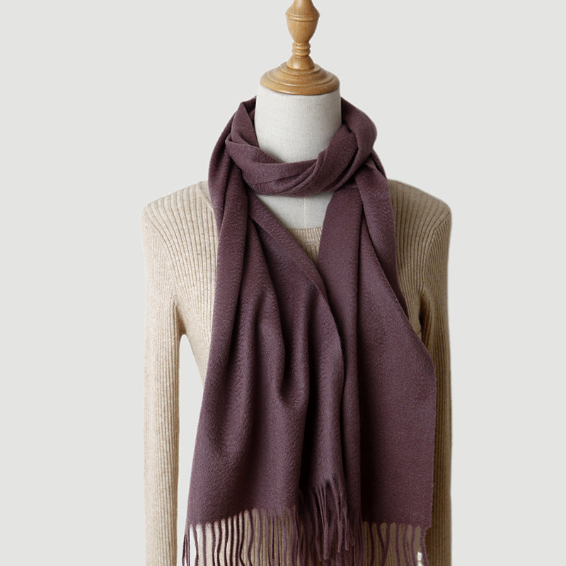 Women's solid color cashmere tassel scarf with long fringe