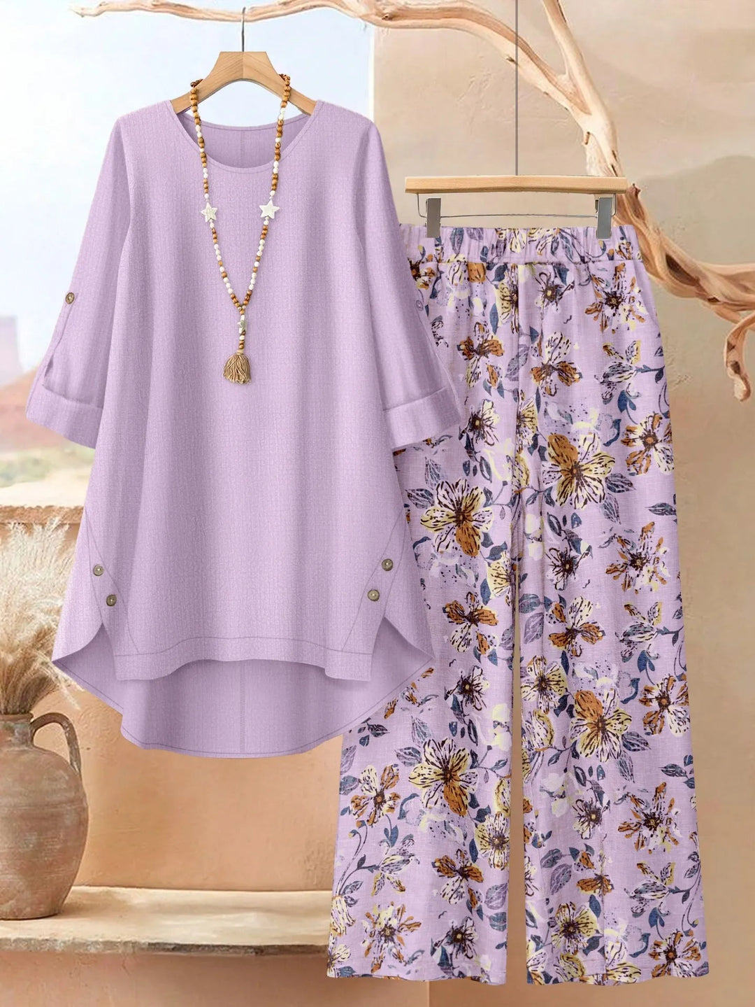 Women's leaf print tunic and wide leg pants set