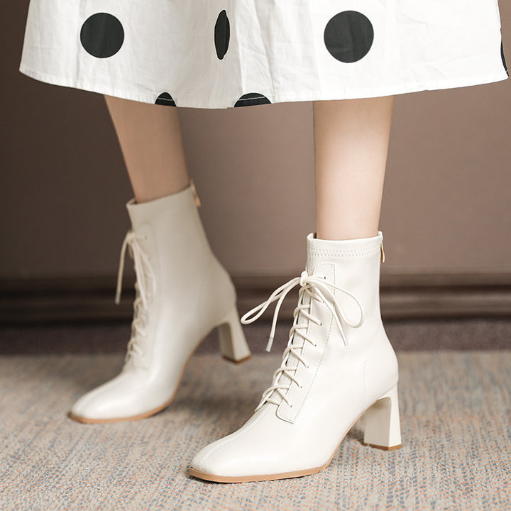 Black square toe high heel ankle boots for women