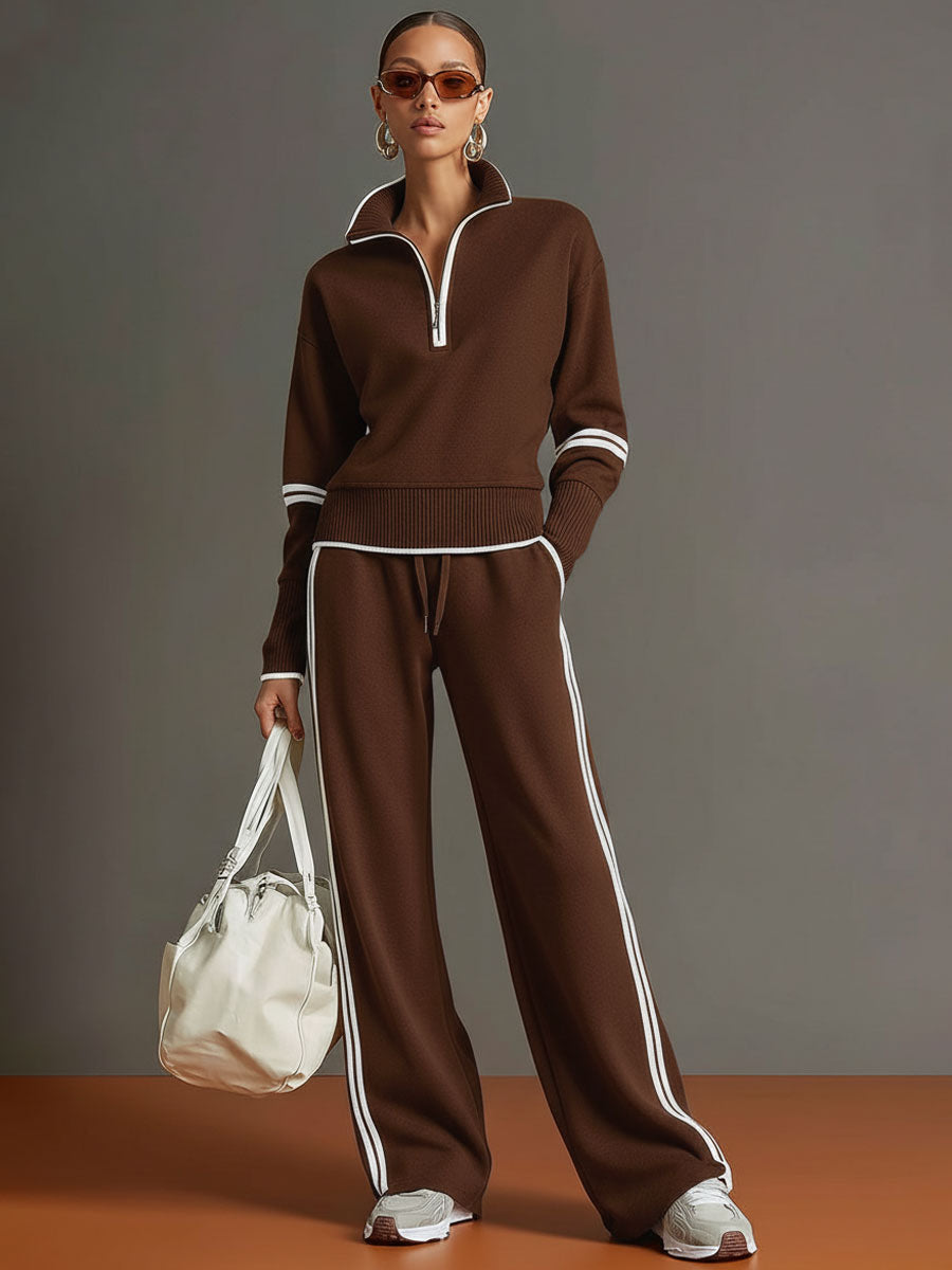 Woman wearing relaxed two piece wide leg set with blouse