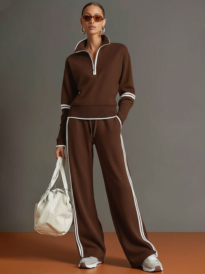Woman wearing relaxed two piece wide leg set with blouse