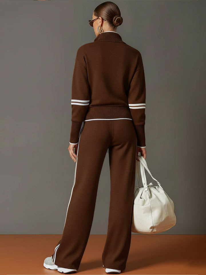 Woman wearing relaxed two piece wide leg set with blouse