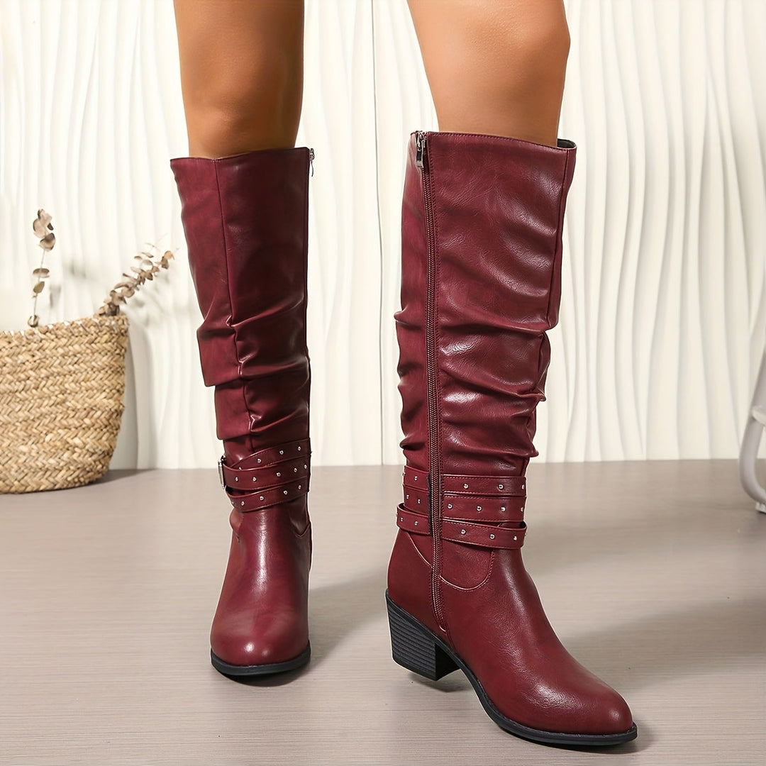 Endellion | Women's Studded Block-Heel Knee-High Buckle Boots