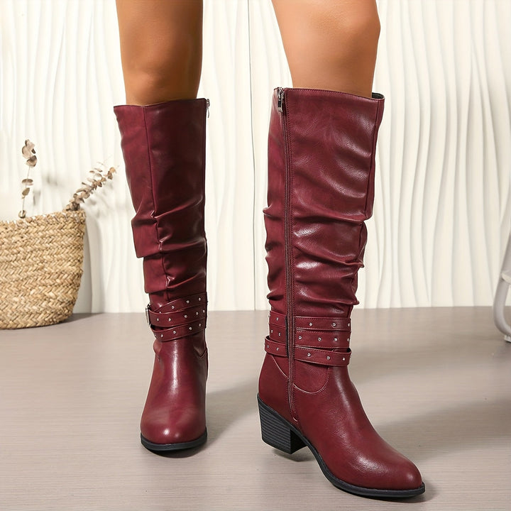Endellion | Women's Studded Block-Heel Knee-High Buckle Boots