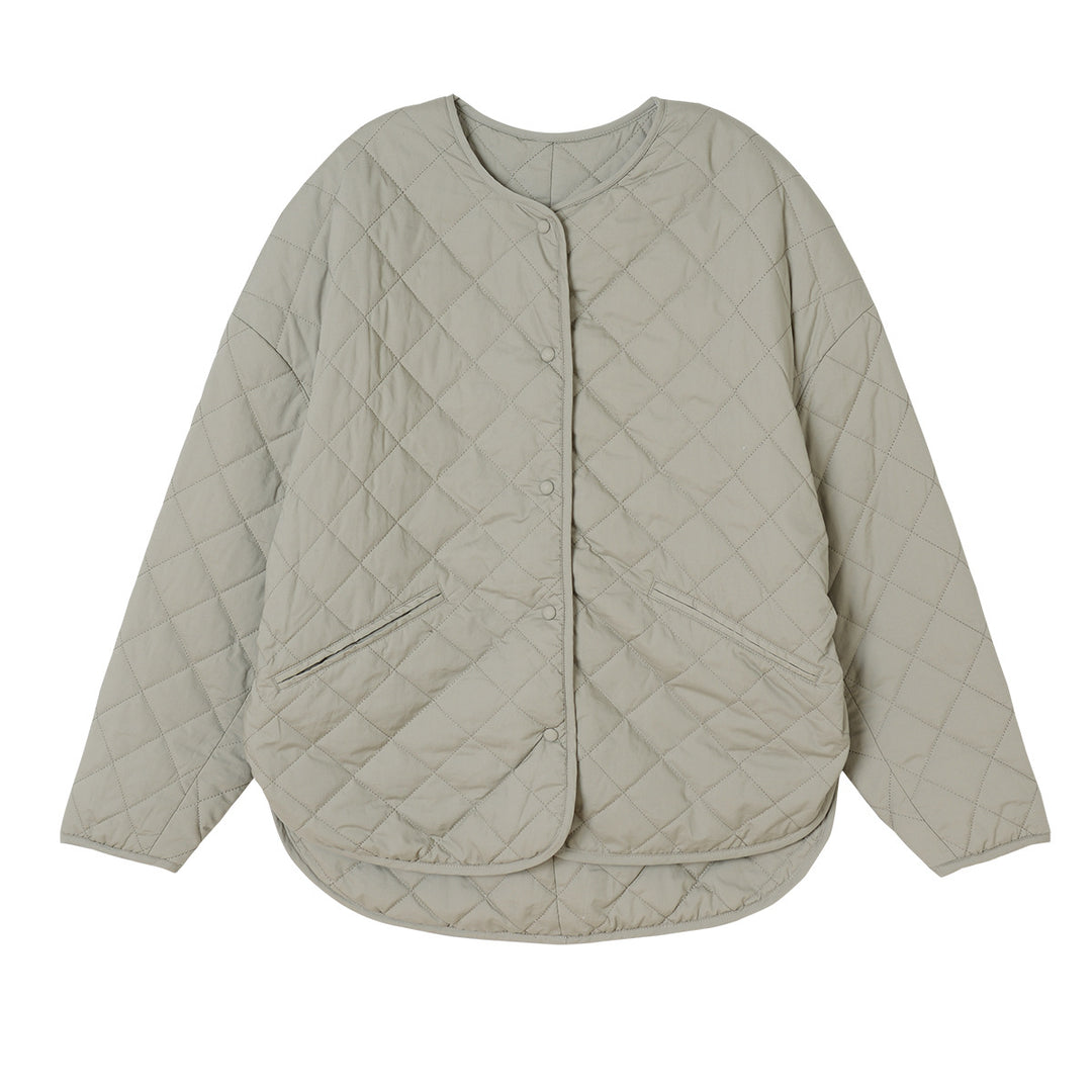 Women's diamond plaid puffer jacket with collarless neckline