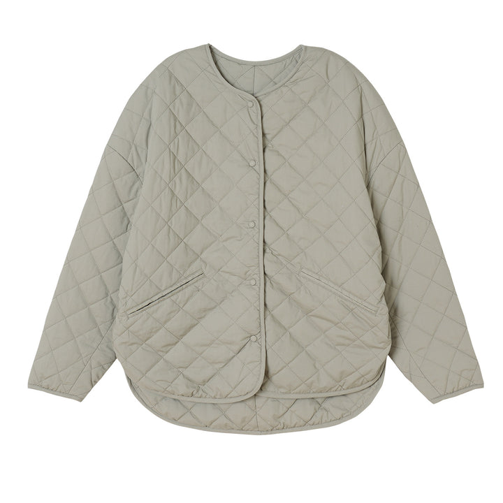 Women's diamond plaid puffer jacket with collarless neckline