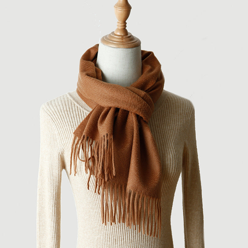 Women's solid color cashmere tassel scarf with long fringe