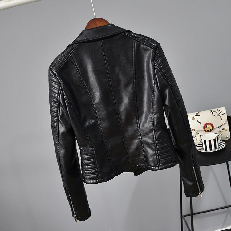 Women's faux leather jacket with suit collar