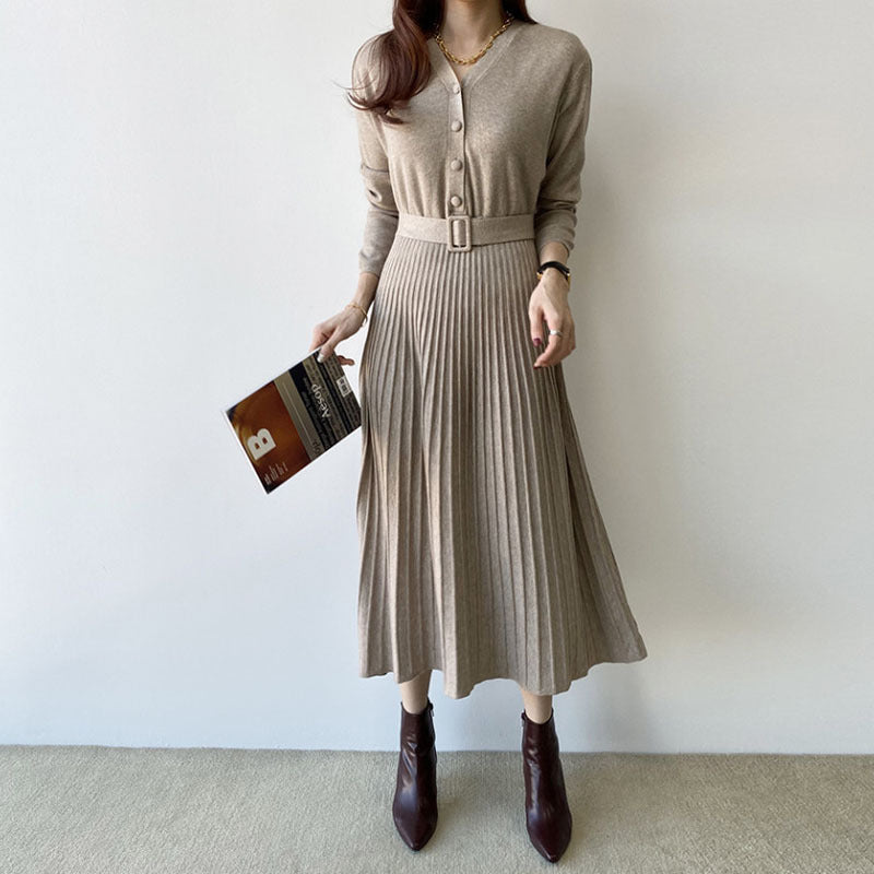 Women's black V-neck thick knit sweater dress