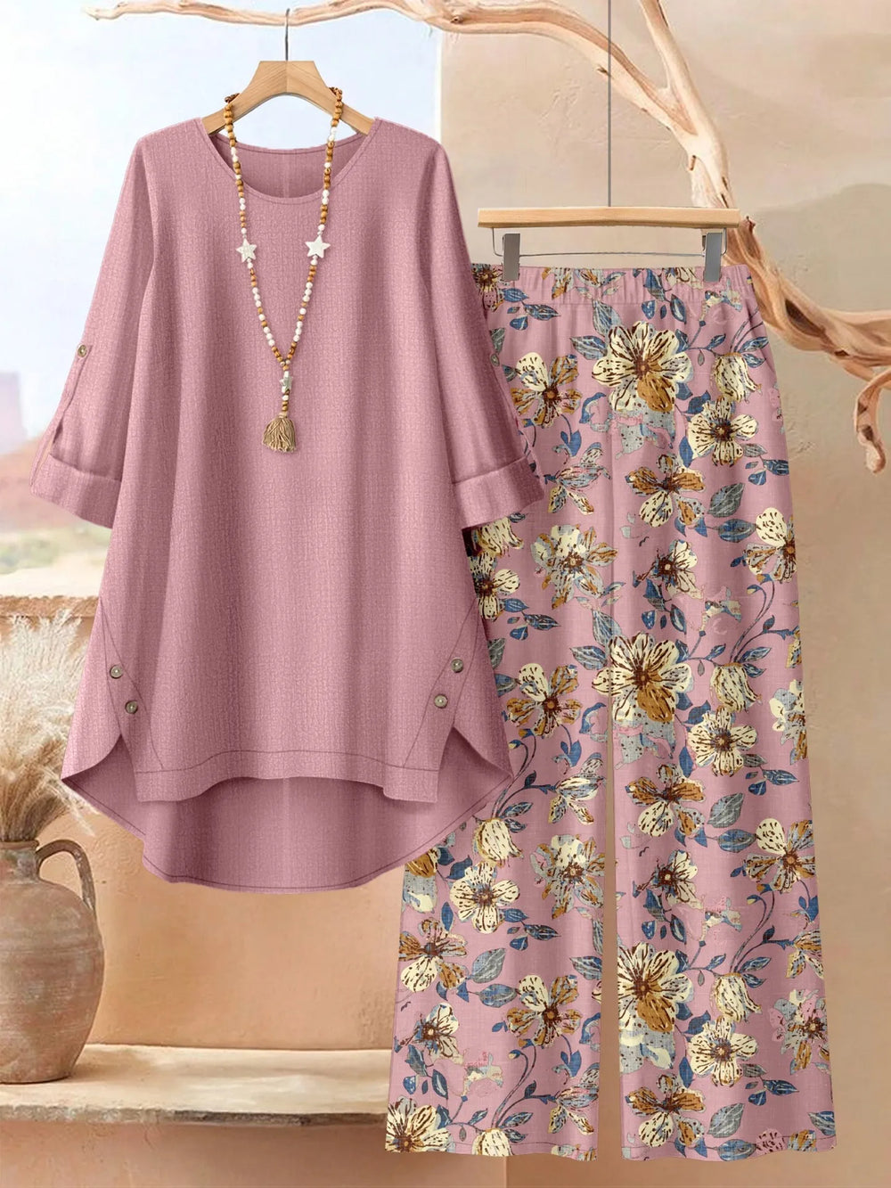Women's leaf print tunic and wide leg pants set