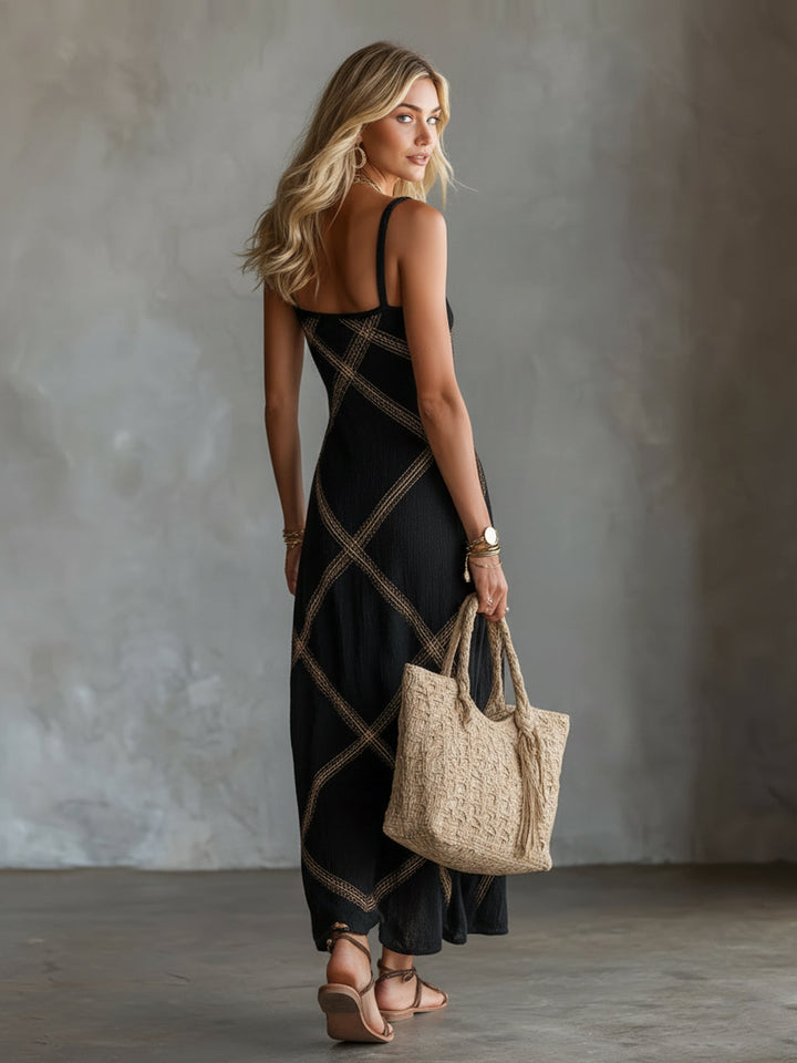 Woman wearing relaxed boho dress with geometric print