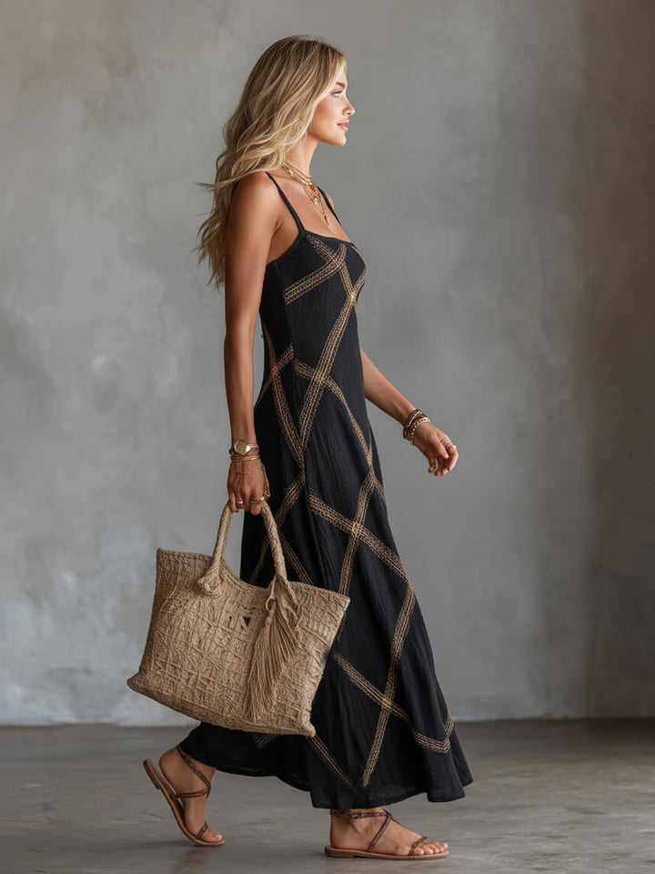 Woman wearing relaxed boho dress with geometric print
