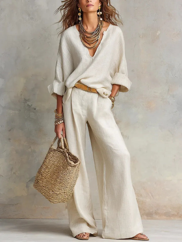 Woman wearing relaxed V-neck top and wide-leg pants set