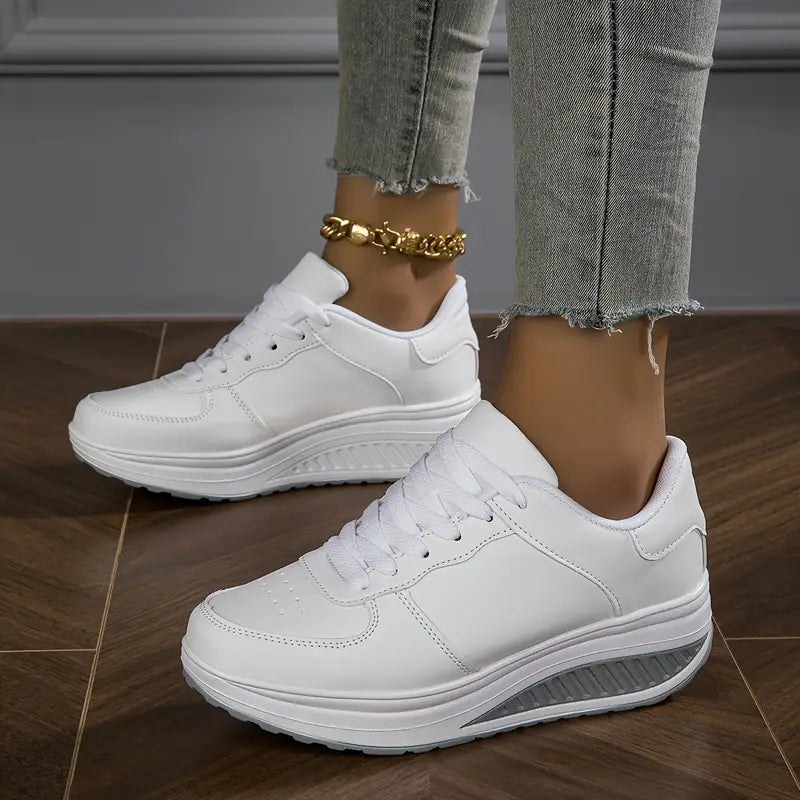 White wedge platform sneakers with laces for women
