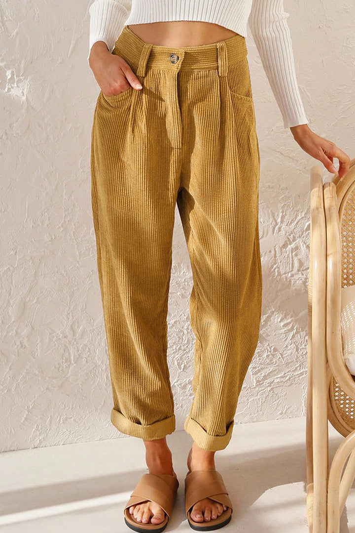 Woman wearing oversized high waist straight pants
