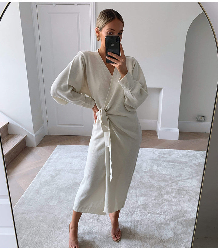 Women's V-neck sweater dress in multiple colors
