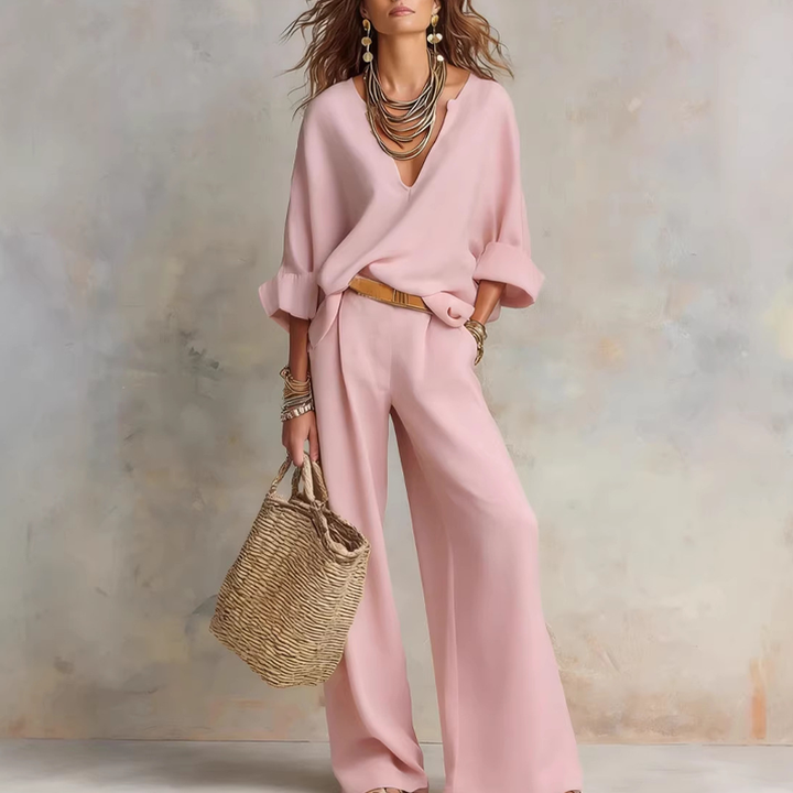 Woman wearing relaxed V-neck top and wide-leg pants set