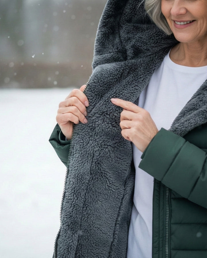 Women's fleece-lined A-line puffer coat front view