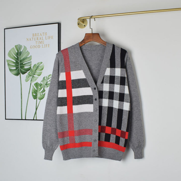 Women's knit cardigan sweater with V-neck in khaki