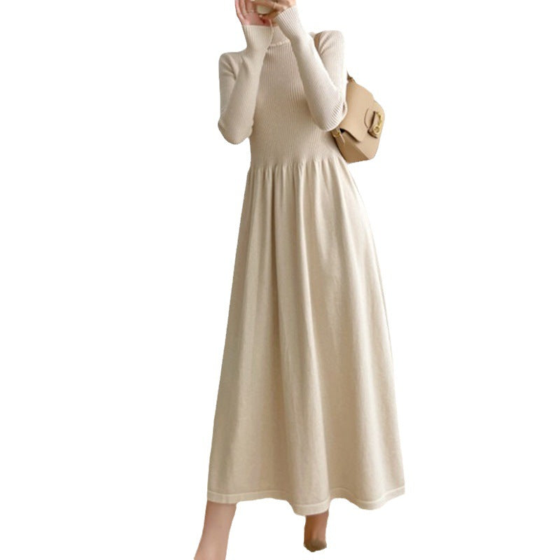 Women's mid-length knit sweater dress with elastic waist
