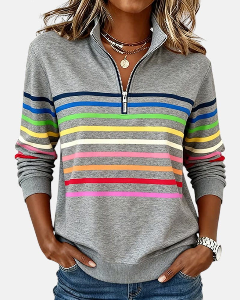 Women's rainbow striped half zip sweatshirt with stand collar