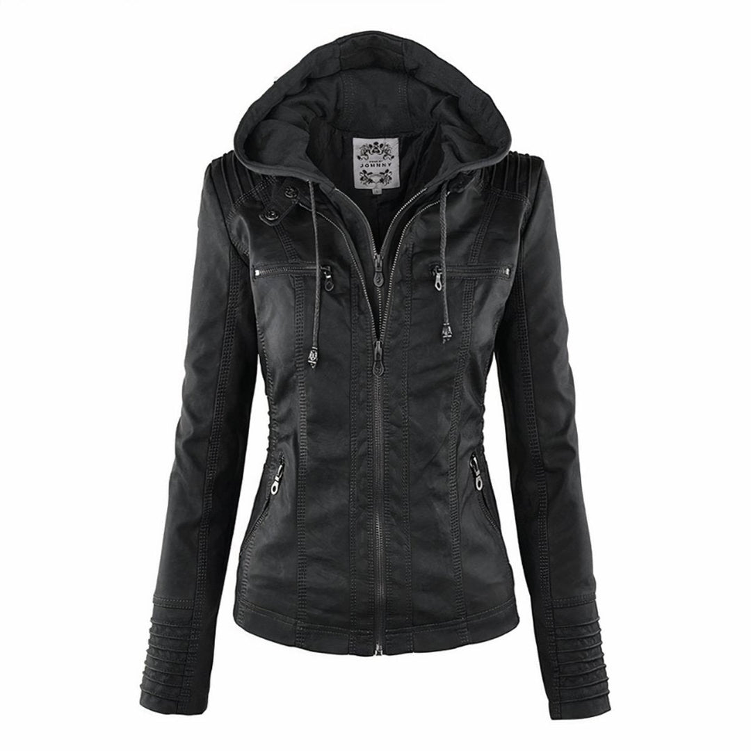 Rosaline | Women's Faux-Leather Hooded Zip-Front Fitted Jacket