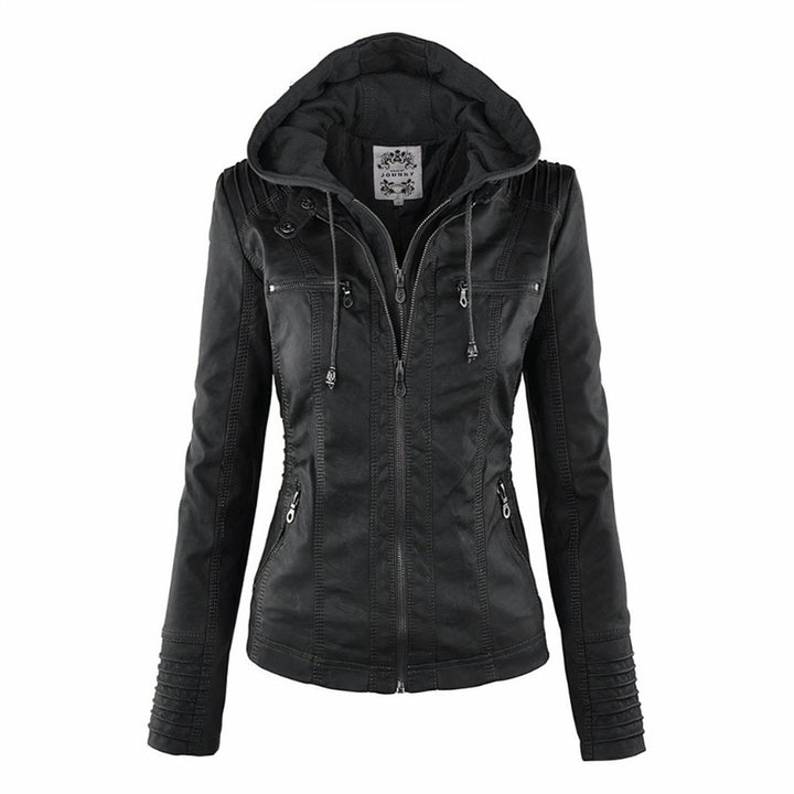 Rosaline | Women's Faux-Leather Hooded Zip-Front Fitted Jacket