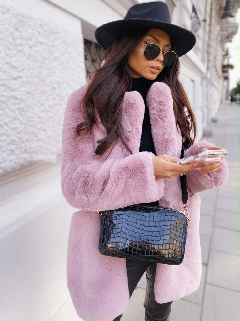 Women's long faux fur coat with lapel collar
