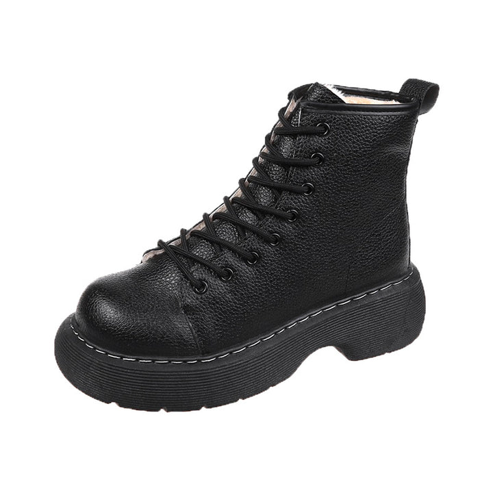 Women's black lace-up ankle boots with flat heel and round toe