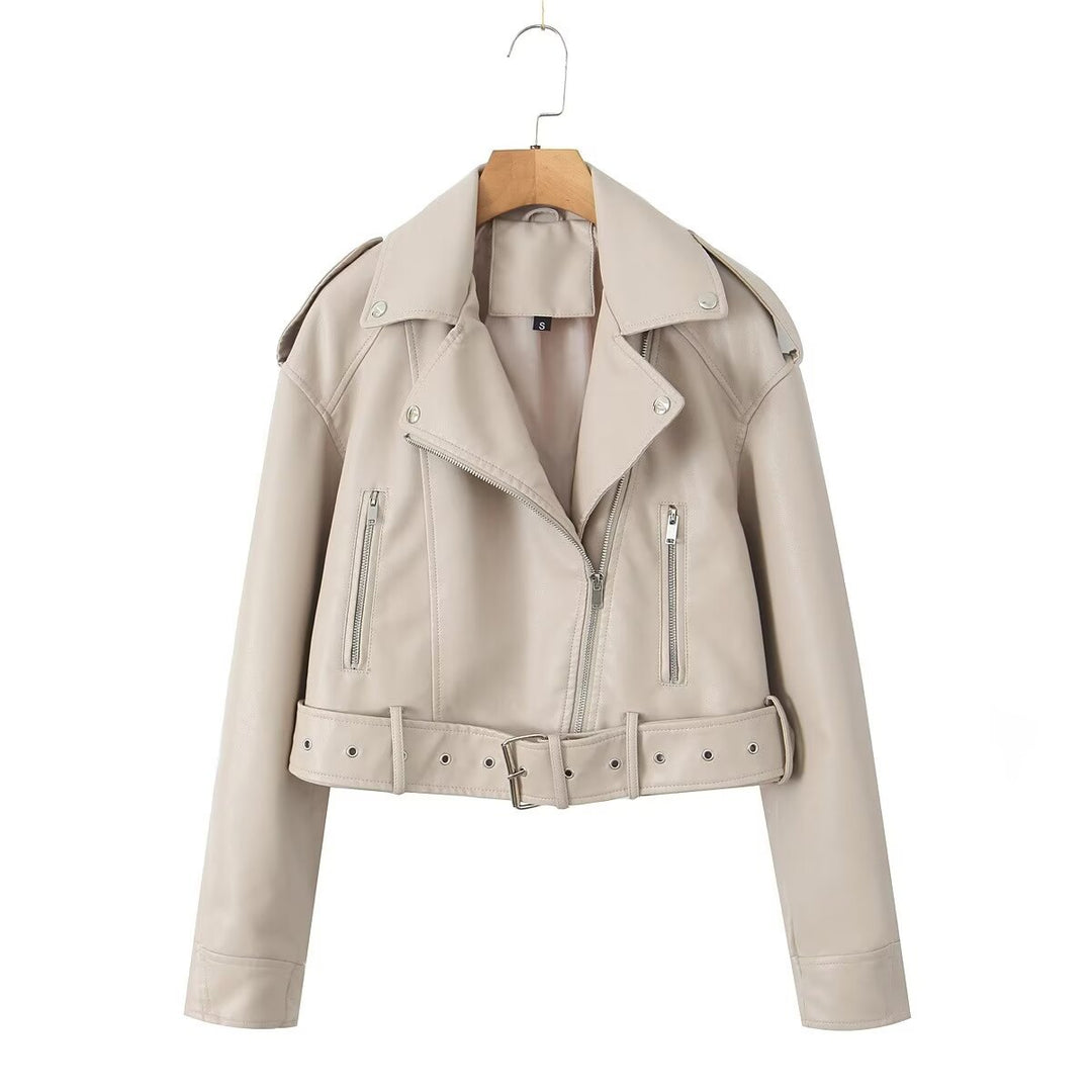 Women's washed leather moto jacket in solid color