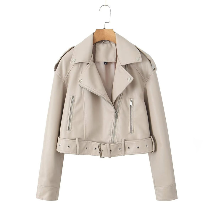 Women's washed leather moto jacket in solid color