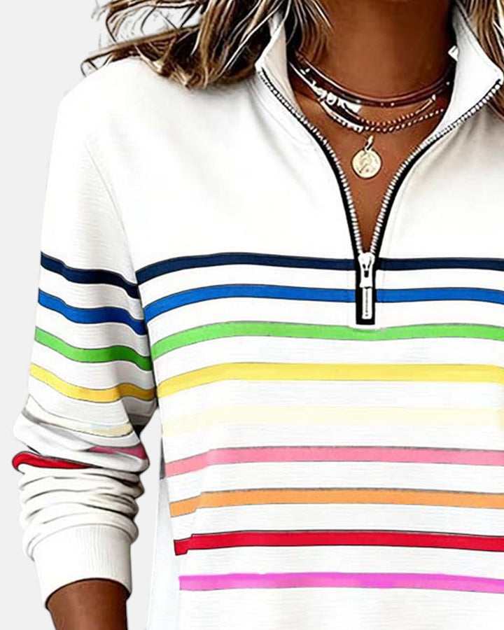 Women's rainbow striped half zip sweatshirt with stand collar