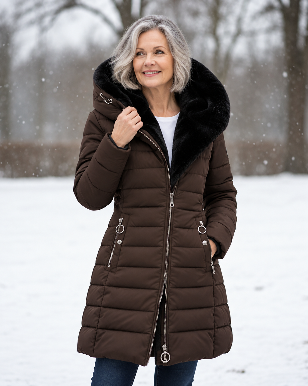 Women's quilted winter coat with hood on model