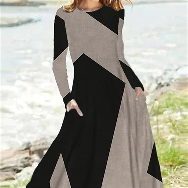 Long sleeve maxi dress with geometric color block print