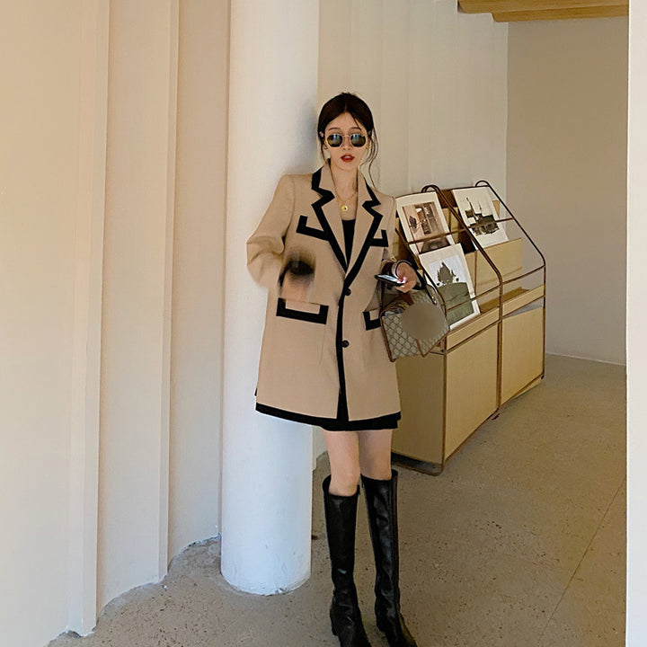 Women's khaki splicing blazer with suit collar