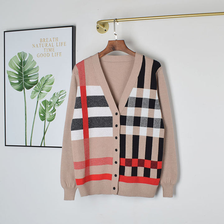 Women's knit cardigan sweater with V-neck in khaki