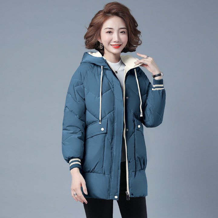 Women's mid-length puffer jacket with zip front