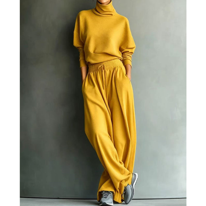 Woman wearing turtleneck two piece set with wide-leg pants