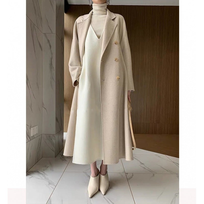 Beige sleeveless knit V-neck sweater dress front view