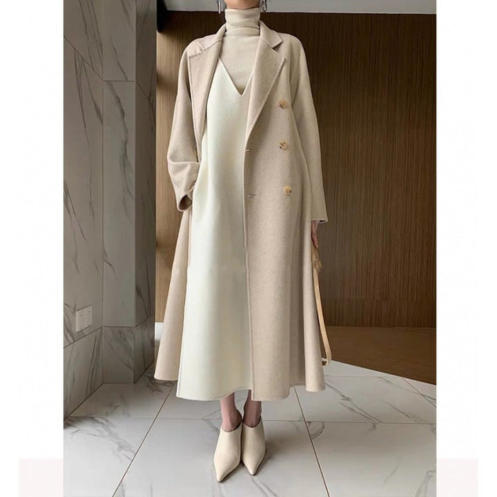 Beige sleeveless knit V-neck sweater dress front view
