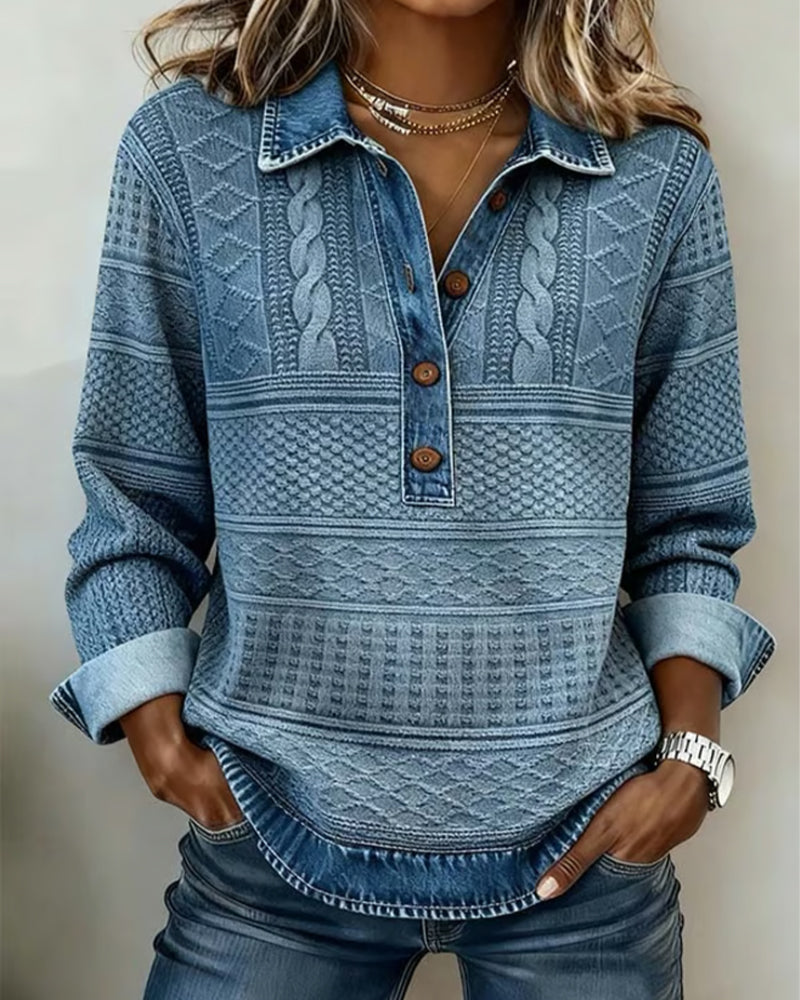 Woman wearing half button collared knit sweatshirt