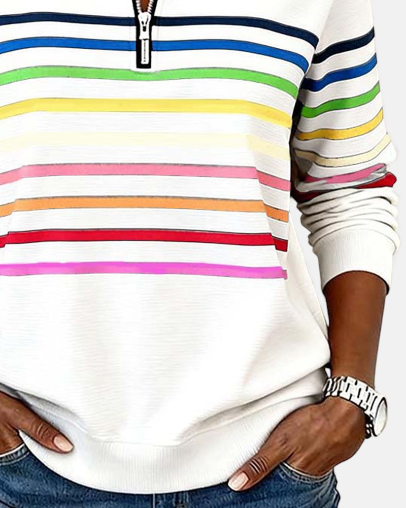 Women's rainbow striped half zip sweatshirt with stand collar