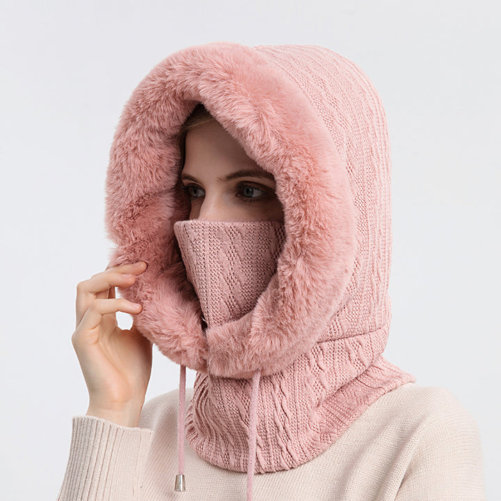 Women's hooded knit winter hat with scarf