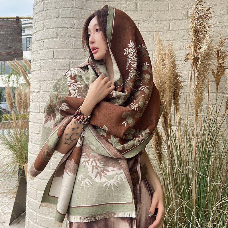 Green and orange long winter scarf for women