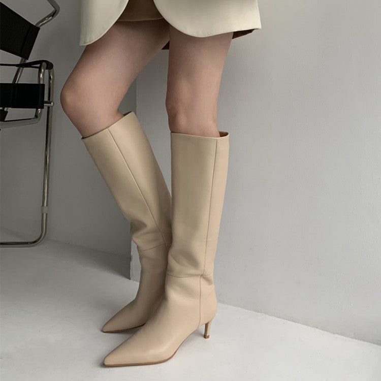 Women's beige leather stiletto knight boots, tall shaft